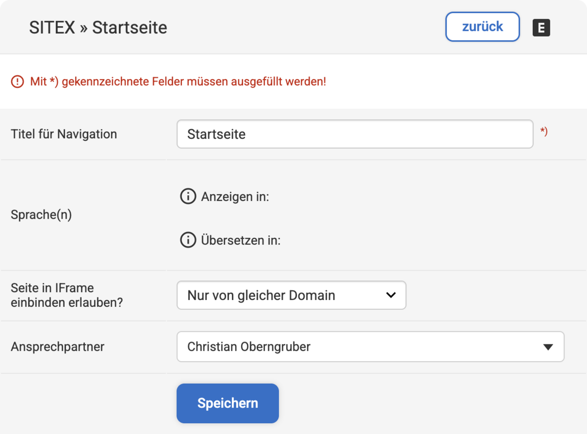 Backend Eingabemaske der Seiten-Einstellungen, im Dropdown Ansprechpartner ein Teammitglied ausgewählt