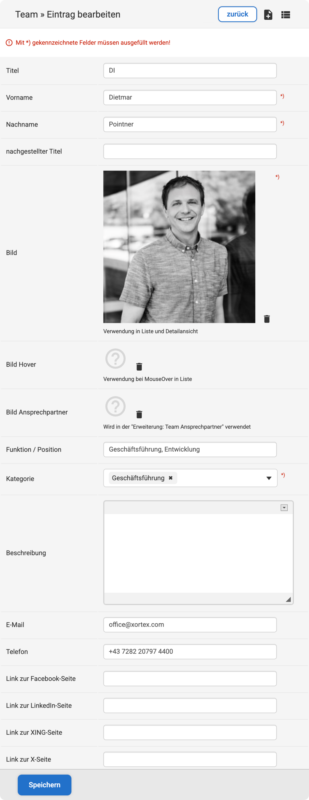 Backend Eingabemaske zum Anlegen von einem neuen Teammitglied mit Beispieldaten