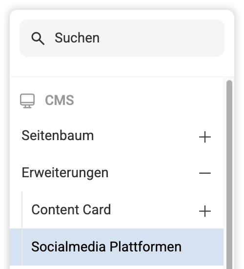 Socialmedia Plattformen im Navigationsbereich unter Erweiterungen markiert