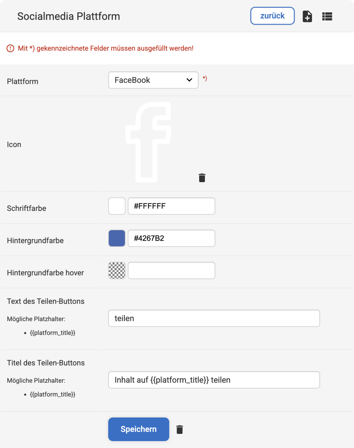 Backend Eingabemaske zum Anlegen eines neuen Eintrags bei Socialmedia Plattformen