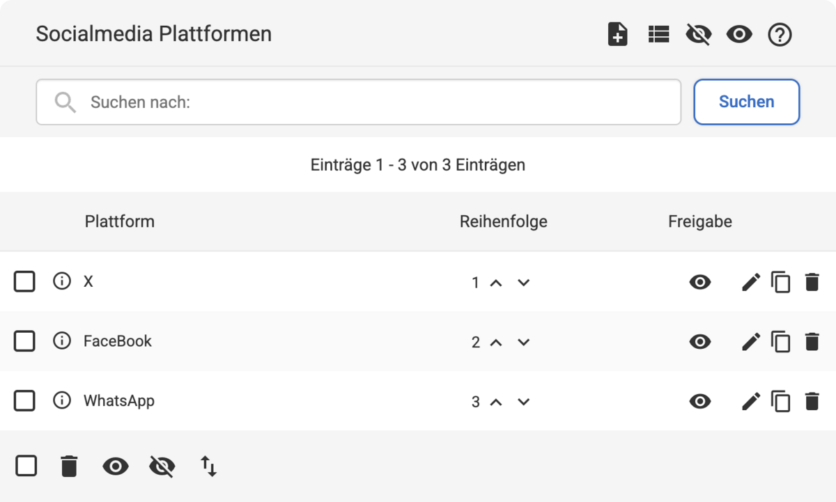 Backend Listenübersicht mit den Einträgen X, FaceBook, WhatsApp bei der Erweiterung Socialmedia Plattformen
