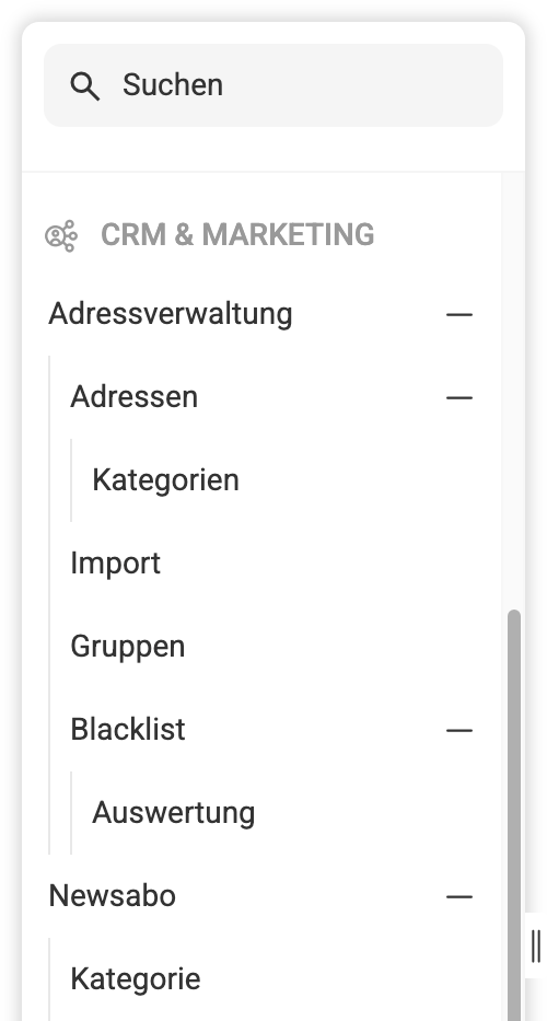 Backend Navigationsliste mit allen Einträgen, die zum Bereich Newsletter gehören