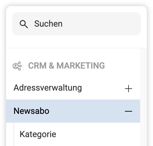 Backend Navigationsliste mit geöffnetem Eintrag Newsabo und den dazugehörigen Unterpunkten