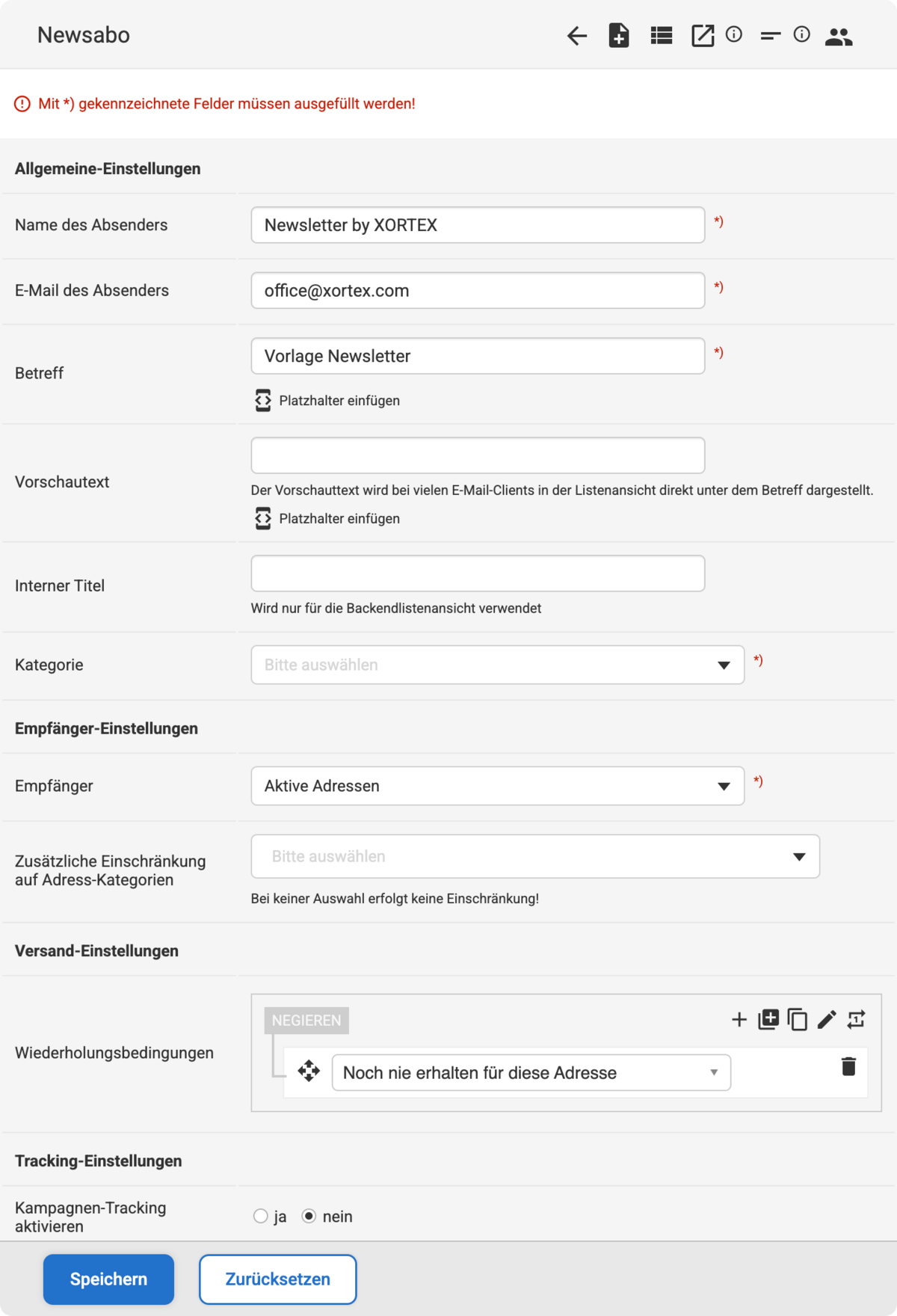 Backend Eingabemaske unter Newsletter Einstellungen
