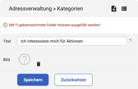 Backend Eingabemaske zum Erstellen einer Kategorie in der Adressverwaltung
