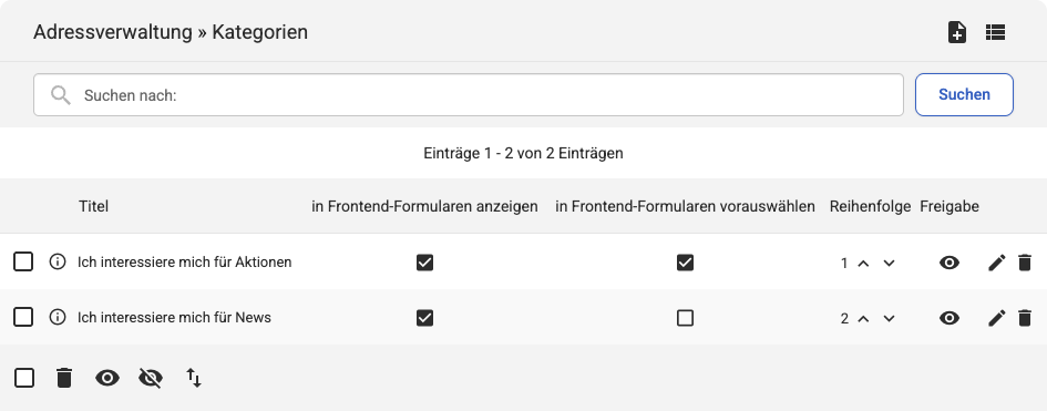 Backend Listenübersicht bei Adressverwaltung Kategorien mit zwei Einträgen