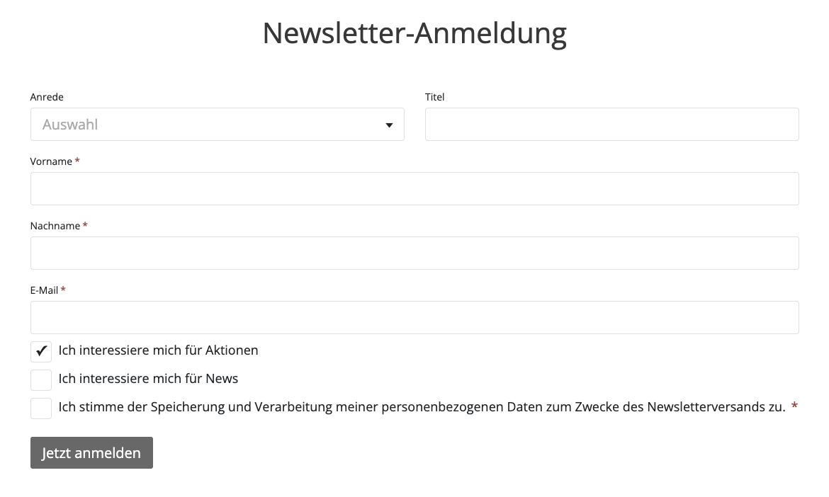 Frontend Beispiel mit Kategorien beim Newsletter-Anmeldeformular