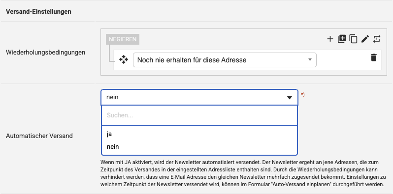 Eingabemaske der Newsletter-Einstellungen mit den Auswahlmöglichkeiten für den automatischen Versand
