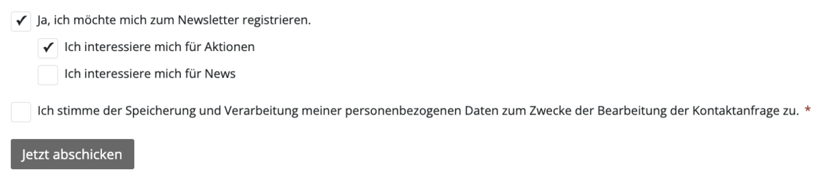 Frontend Beispiel wie Kategorien für die Newsletter-Anmeldung bei einem Kontaktformular aussehen