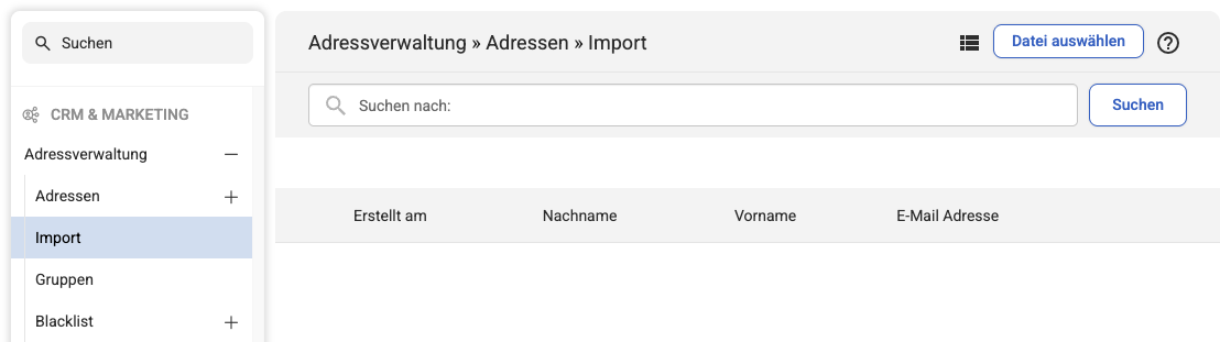Im Backend Adressverwaltung Import geöffnet mit Listenübersicht ohne Einträge