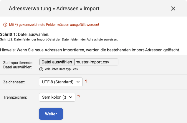 Backend Eingabeformular zum Auswählen einer Import-Datei unter Adressverwaltung Adressen Import