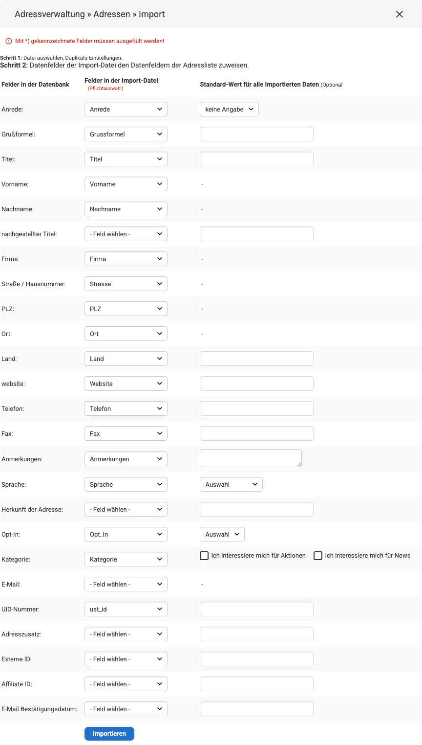 Backend Eingabemaske unter Adressverwaltung Adressen Import zum Zuordnen der Formularfelder der Import-Datei
