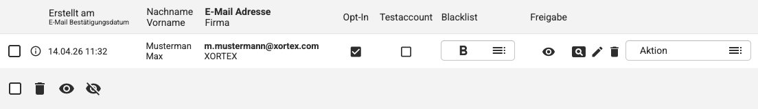 Backend Listenübersicht mit einem Adresseintrag