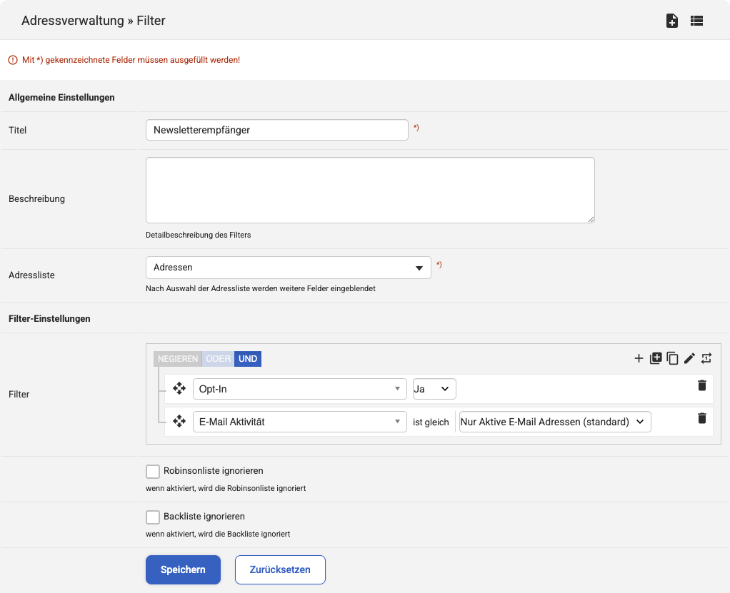 Backend Eingabemaske unter Adressverwaltung Filter zum Erstellen einer neuen Empfängergruppe