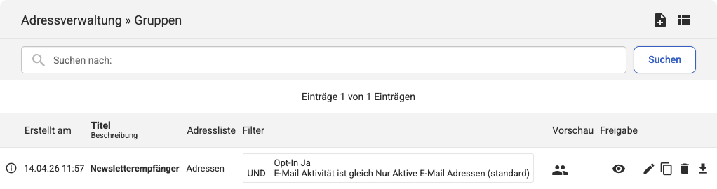 Backend Listenübersicht unter Adressverwaltung Gruppen mit einer Empfängergruppe