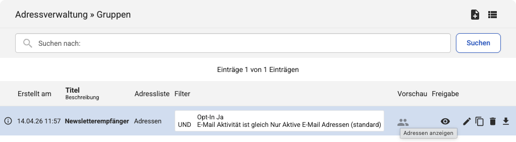 Backend Listenübersicht bei Adressverwaltung Gruppen mit einer Empfängergruppe, mit dem Tooltip Adressen anzeigen in der Spalte Vorschau