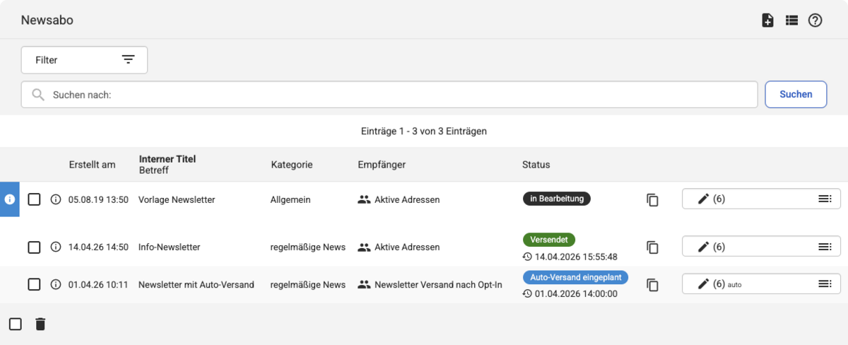Backend Listenübersicht unter Newsabo mit drei Einträgen, in der Spalte Status verschiedene Markierungen