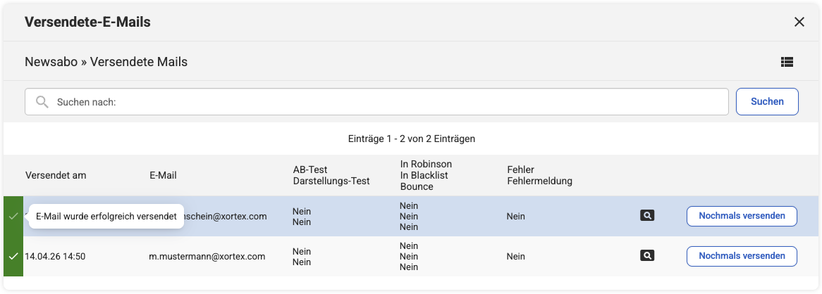 Backend Listenübersicht der versendeten E-Mails bei einem Newsletter