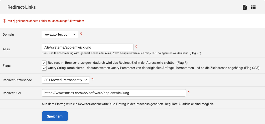 Backend Einstellungen bei neuem Redirect