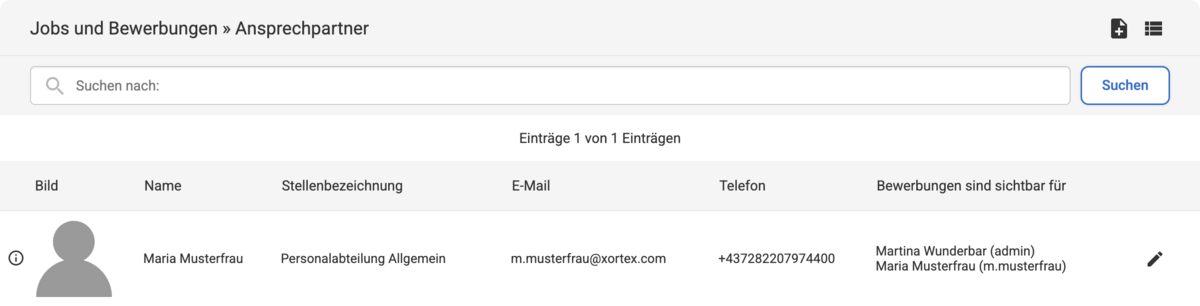 Backend Listenübersicht unter Ansprechpartner mit zwei zugeordneten Personen in der Spalte 'Bewerbungen sind sichtbar für'