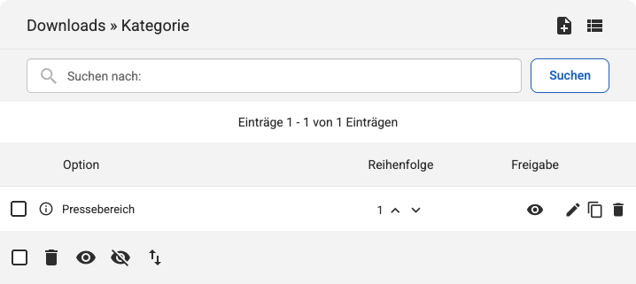 Backend Listenübersicht mit einer Download-Kategorie