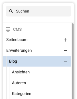 In der Navigationsliste Erweiterung Blog markiert, dazugehörige Unterpunkte geöffnet