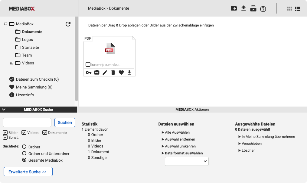 Im Backend in der Mediabox ein PDF-Dokument dargestellt