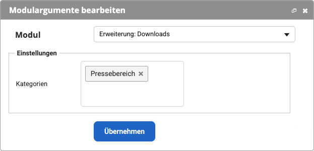Backend Modul 'Erweiterung Downloads'