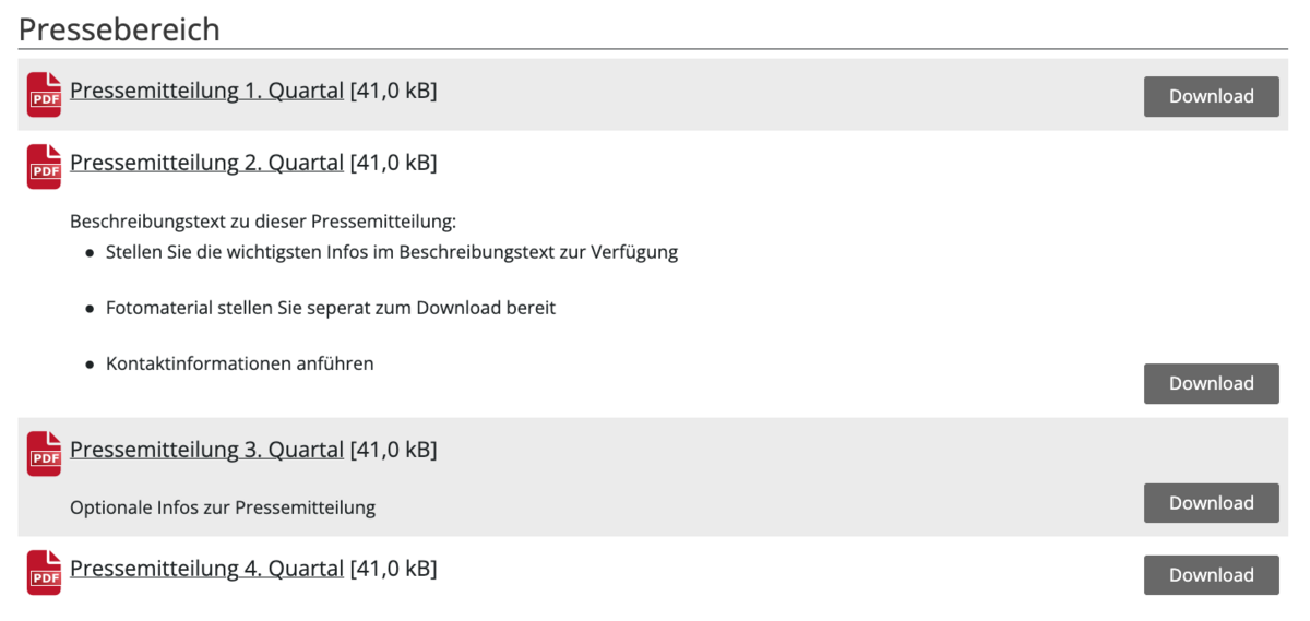 Frontend Beispiel von vier Downloads mit unterschiedlichen Beschreibungstexten