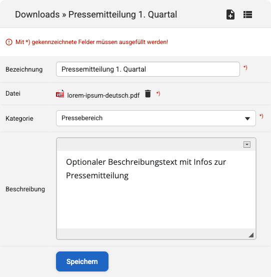 Backend Eingabeformular zum Erstellen eines neuen Downloads
