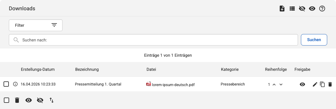 Backend Listenübersicht unter Erweiterungen - Downloads mit einem Eintrag