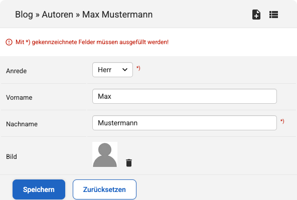 Backend Eingabemaske zum Erstellen von einem Autor