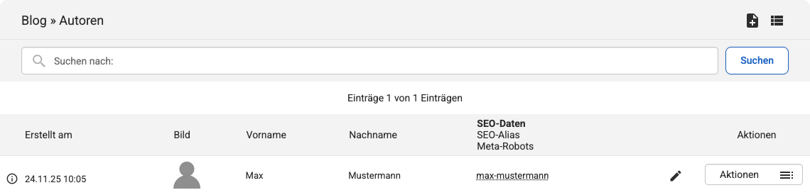 Im Backend geöffnete Listenübersicht bei Blog-Autoren mit einem Eintrag