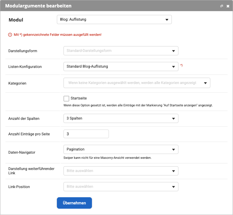 Im Backend geöffnetes Modul zum Anlegen einer Blog-Auflistung
