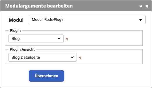Im Backend geöffnetes Modul zum Anlegen einer Blog-Detailseite
