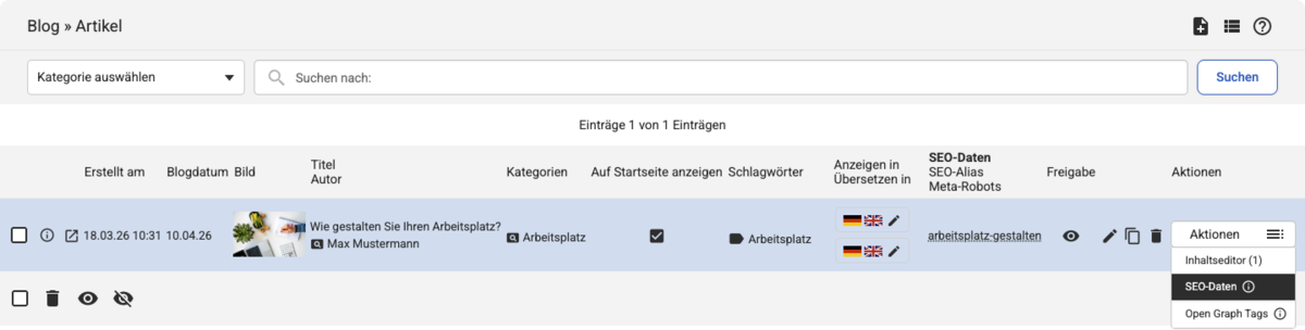 Backend Listenübersicht bei Blog-Artikeln mit geöffnetem Aktions-Dropdown, Eintrag SEO-Daten ist markiert