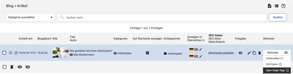 Backend Listenübersicht bei Blog-Artikeln mit geöffnetem Aktions-Dropdown, Eintrag Open Graph Tags ist markiert