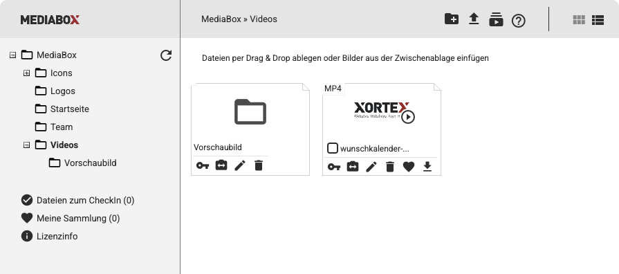 MP4-Video in Mediabox und Ordner mit Video-Vorschaubildern