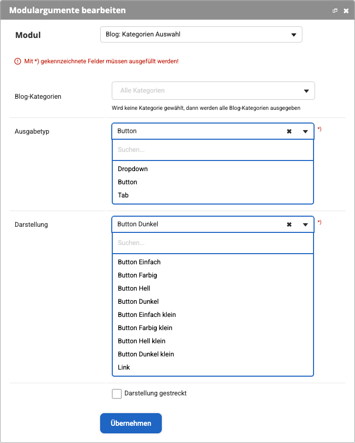 Im Backend geöffnetes Modul zum Anlegen der Blog Kategorien