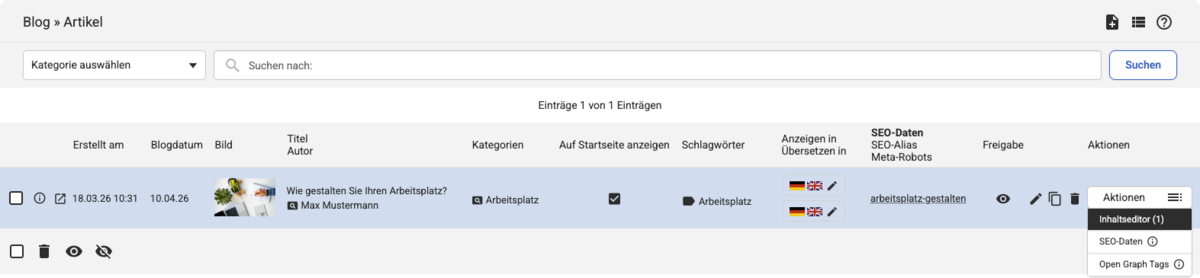 Backend Listenübersicht bei Blog-Artikeln mit geöffnetem Aktions-Dropdown, Eintrag Inhaltseditor ist markiert