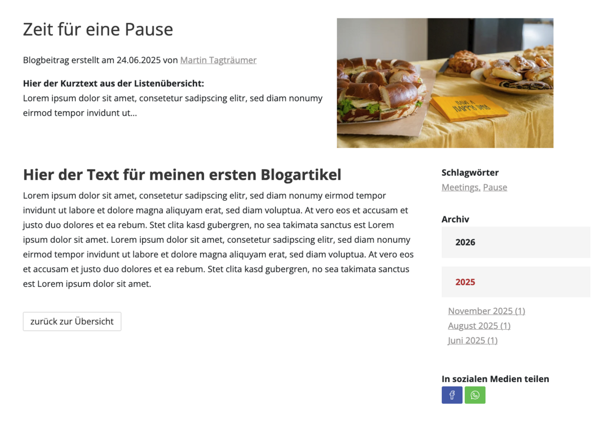 Frontend Beispiel einer Blog-Detailseite mit Schlagwörtern und Blog-Archiv
