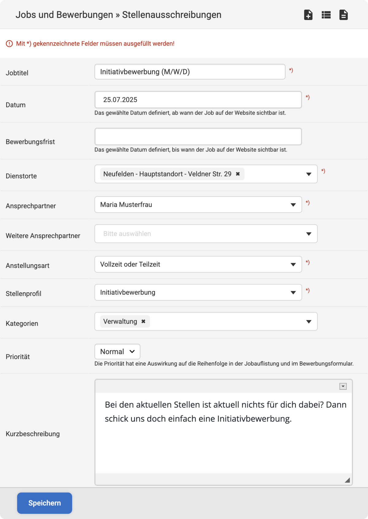 Backend Eingabemaske zum Erstellen einer Stellenausschreibung