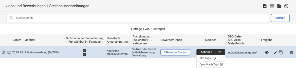 Backend Listenübersicht bei Stellenausschreibungen mit einem Eintrag und geöffnetem Aktionen-Dropdown