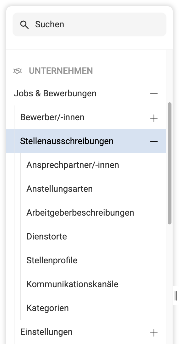 In Navigationsliste bei Jobs & Bewerbungen markierter Unterpunkt Stellenausschreibungen geöffnet