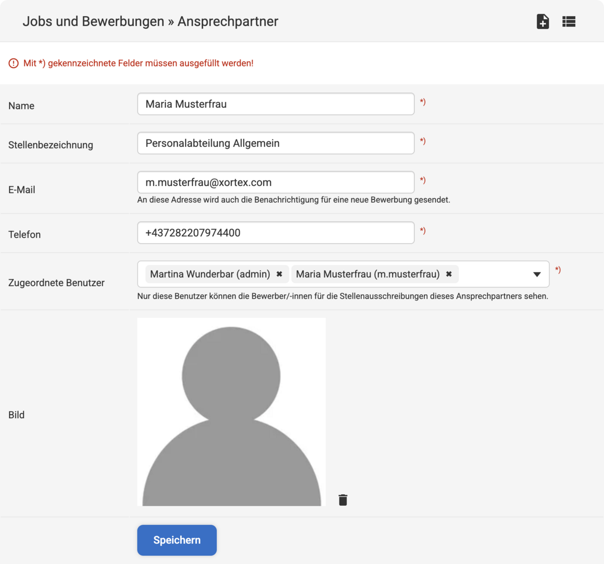 Backend Eingabemaske zum Erstellen eines Ansprechpartners