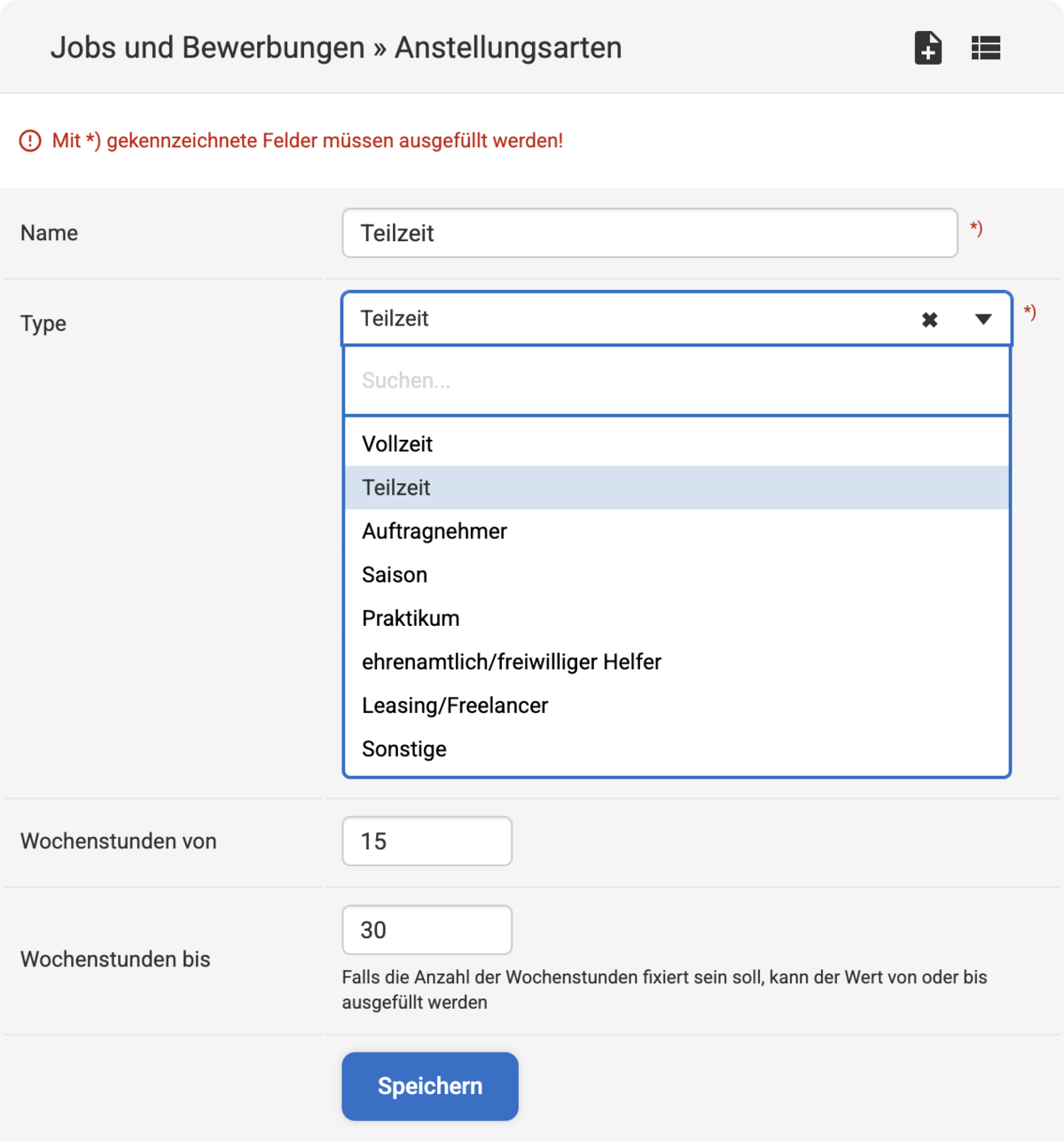 Backend Eingabemaske zum Erstellen einer neuen Anstellungsart