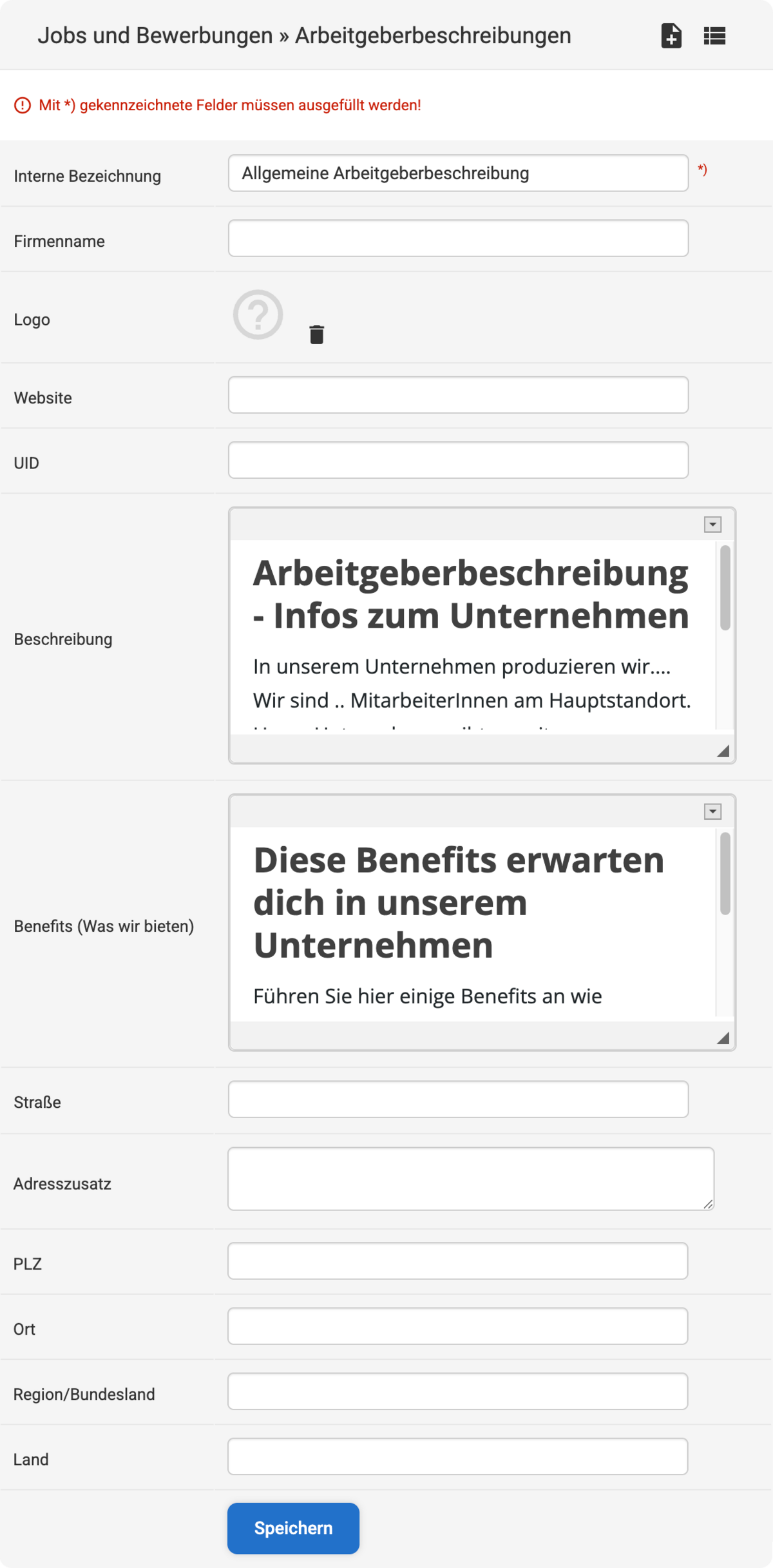 Backend Eingabemaske zum Erstellen einer neuen Arbeitgeberbeschreibung