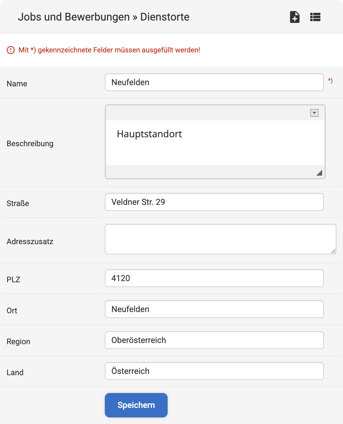Backend Eingabemaske zum Erstellen eines neuen Dienstortes
