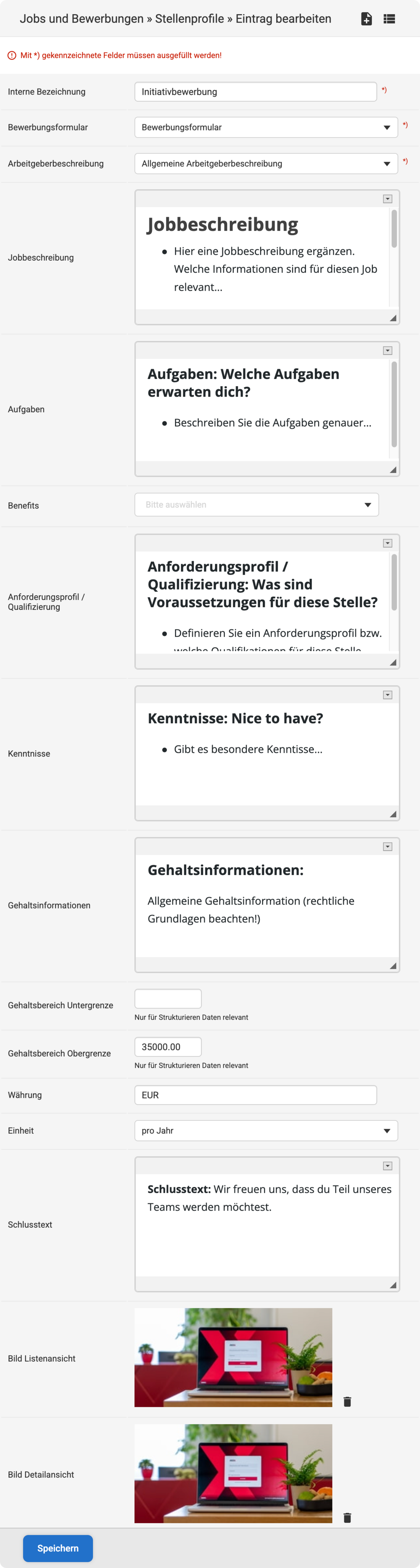 Backend Eingabemaske zum Erstellen eines neuen Stellenprofils