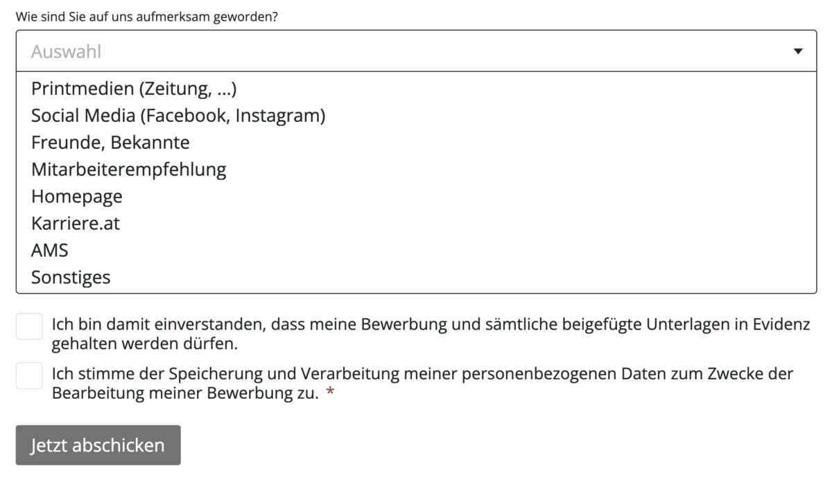 Frontend Beispiel beim Bewerbungsformular mit geöffnetem Dropdown beim Feld 'Wie sind Sie auf uns aufmerksam geworden?'